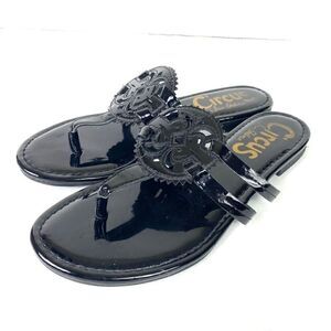 Sam Edelman Circus Canyon Shiny Black Patent Leather Emblem Flip Flop Sandals 7